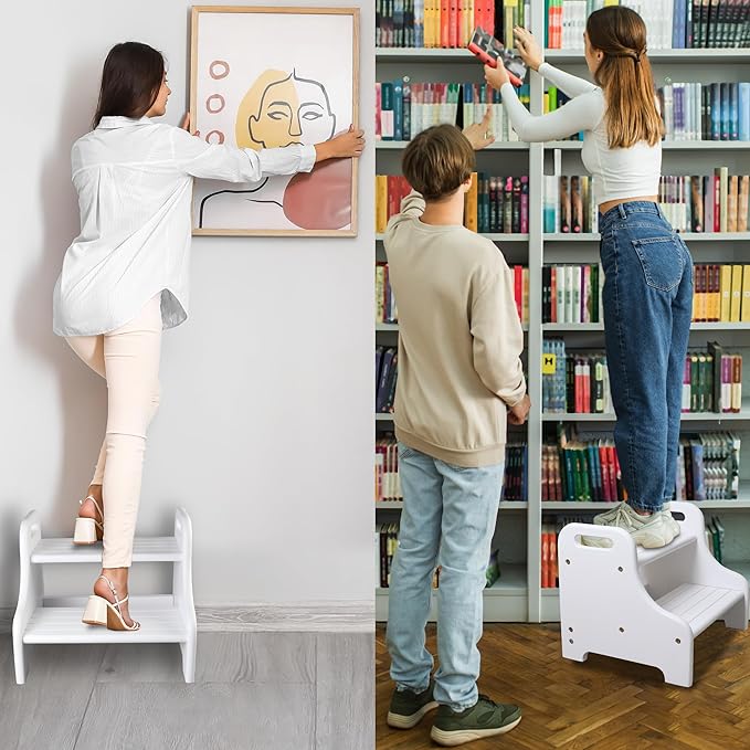 Wooden Step Stool for Kid Toddler, Potty Training for Children with 2 Built-in Handle 300lbs Load Capacity, Acacia Foot Stool Helps Your Kid Independently for Brushing, Grabbing Things (White)