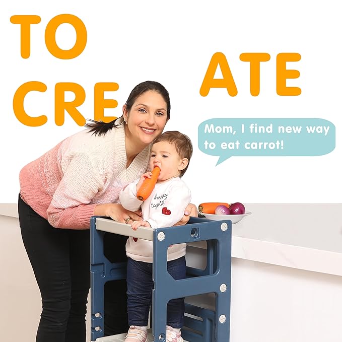 SDADI Mother's Helper Adjustable Height Plastic Kitchen Step Stool for Children, Kids Toddlers Counter Level Learning Stool for Kitchen & Bathroom,Blue and Light Grey