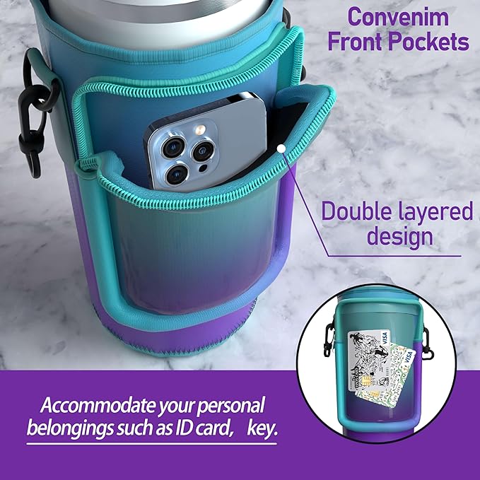 Water Bottle Carrier Bag with Phone Pocket for 40oz Tumbler with Handle, Adjustable Strap Neoprene Water Bottle Sleeve Pouch for Hiking Camping Travelling. (Purple)