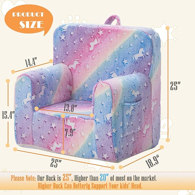 Snuggly-Soft Cuddly Toddler Plush Armchair for Boys and Girls Glowing Pink Fuzzy Plush Kids Sofa Couch Reading Chair with Children Friendly Handle for Easy Movement & Double Pockets for Storage