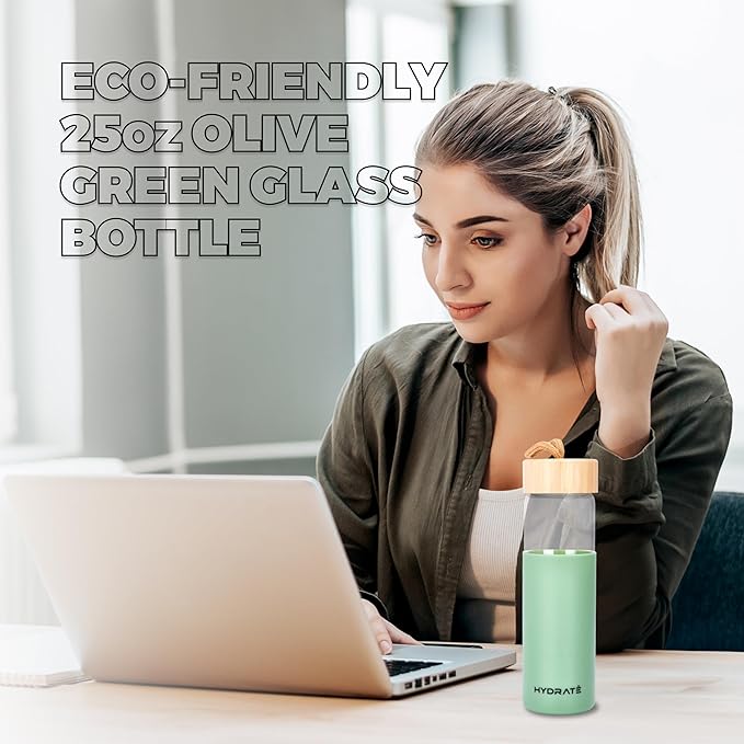 HYDRATE Glass Water Bottle, 25 oz - Gym Drinking Bottles with Slip Resistant Silicone Sleeve and Leak Proof Bamboo Lid - Clear Sports Bottle Made of Borosilicate Glass (10 x 3 inches, Olive Green)