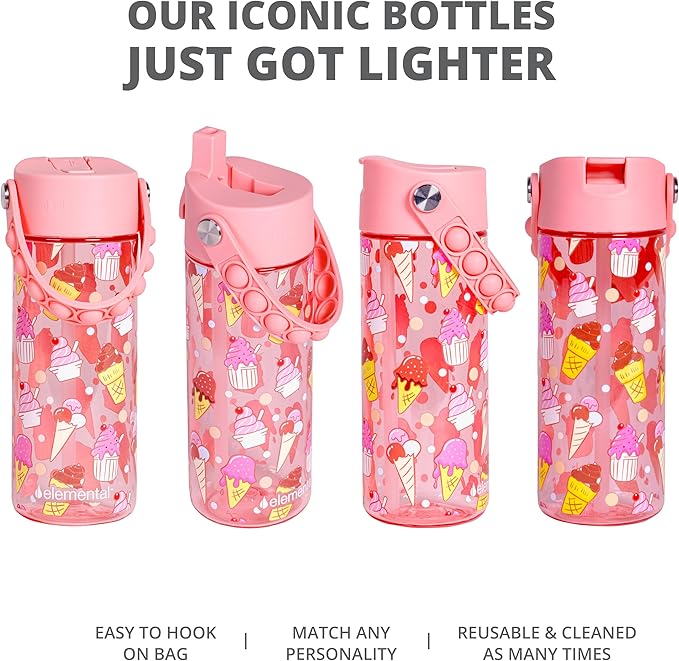 Elemental Leak Proof Water Bottles for Kids - Splash Kids Water Bottle for School with Fun Fidget Pop-it Handle - BPA Free Tritan Plastic Reusable Water Bottle with Straw - Ice Cream - 18oz