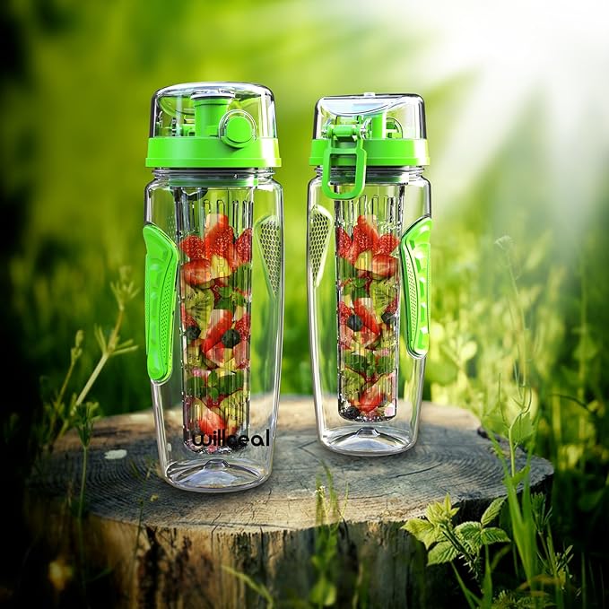 Fruit Infuser Water Bottle 32oz- Durable, Large - BPA Free Tritan, Flip Lid, Leak Proof Design - Sports, Camping