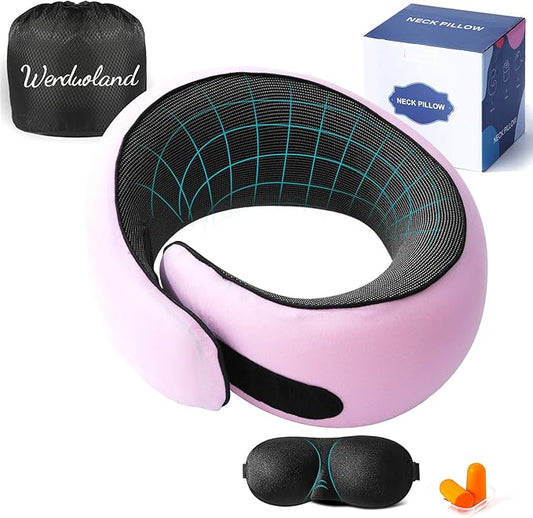 Travel Pillow, Neck Pillow Travel, Memory Foam Neck Pillow Travel Neck Pillow for Traveling, Neck Support Travel Pillows for Long Flights, Neck Travel Pillows for Airplanes, Pink