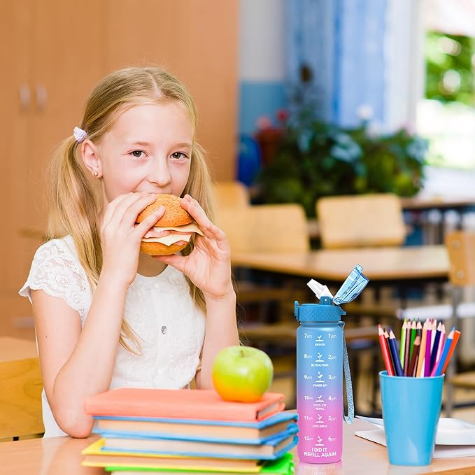 OLDLEY Kids Water Bottle for School, 17 oz (2 lids) BPA-Free Reusable Leak-proof Durable Tritan Plastic Water Bottles with Straw & Chug Lids, Anti-dust Spout Cover (Lake)