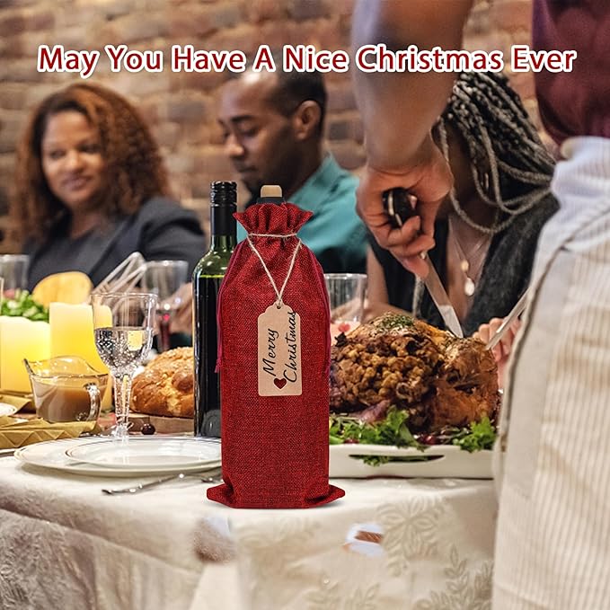 EVRWO Burlap Wine Bags 12 Pcs Wine Bottle Gift Bags Reusable Gift Bags With Drawstrings Tags & Ropes for Holiday Weedings Party, Birthdays, Travel, Blind Tastings, Home Storage 750ml (Burgundy)