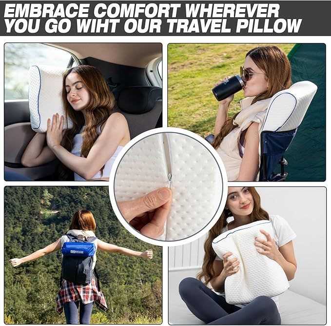 Travel & Camping Comfortable Memory Foam Pillow – Easy to Carry Portable Bag – Temperature Regulating Pillow Case - Perfect for Travelling (White Contour)