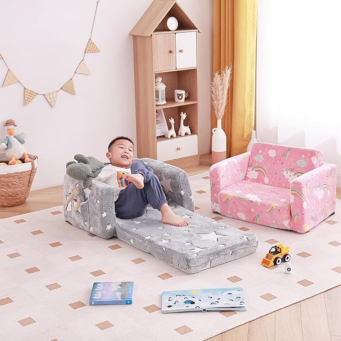 Tiita Kids Chair Comfy, Toddler Plush Sofa Bed Fold Out, 2-in-1 Kids Couch Chairs Flip Out, Convertible Children Couch Lounger, Baby Armrest Chair Bed for Girl or Boy, Grey Star