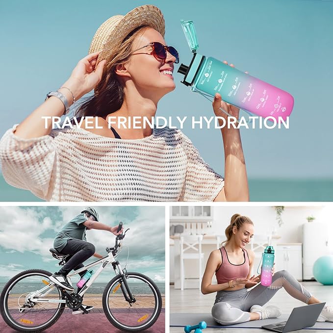 GOSWAG 32oz Motivational Water Bottles with Time Marker and Fruit Strainer, Sports Water Bottle with Times to Drink, Leakproof, Reusable Plastic Bottle with Strap no Straw for Gym, School