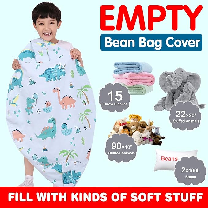 Lukeight Stuffed Animal Storage Bean Bag Chair Cover for Kids, Dinosaur Zipper Beanbag Chair Cover for Organizing Toddler and Kids' Rooms Plush Toys (Dinosaur Blue, X-Large)