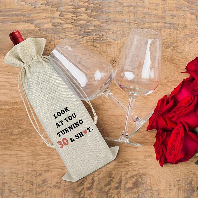 Funny 30th Birthday Gifts for Women Men Wine Bag Turning 30 Year Old Birthday Gift Ideas for Wife Mom Sister Aunt Friends Coworker Birthday Party Decors Happy Birthday Gift Cotton Burlap Wine Wrap Bag