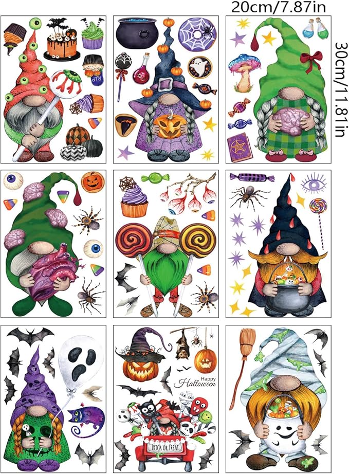 Halloween Window Clings Stickers Decoration Cartoon Dwarf Midget Horror Design Halloween Window Cling Decal Double Sided Static Removable Halloween Glass Window Stickers Supplies 9 Sheets