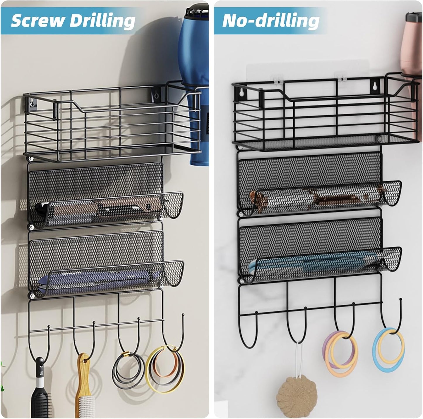 VITVITI Metal Hair Tool Organizer Wall Mount, Hair Dryer Holder with 3 Tier Shelf Basket Hooks, Bathroom Hair Styling Tool Organizer for Curling Iron/Blow Dryer/Straightener, Matte Black