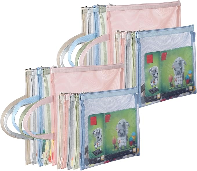 20 Pack Colored Single-Layer Mesh Zipper Pouch Bags(10Pcs A4+10Pcs A5), Nylon Building Block Sets Toy Storage & Organization, Breathable See Through Pouch with Handle for School Office Games