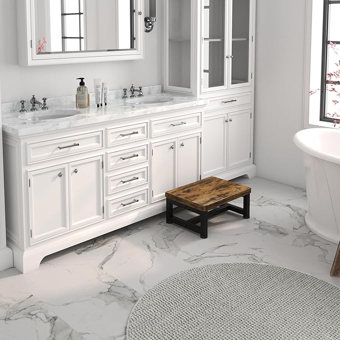 Step Stools for Adults Kids, Sturdy Wooden Stepping Stools with 450LB Capacity, Anti-Slip Bed Steps Stool for High Beds, Foot Stool One Step Stool for Kitchen Bathroom Bedroom, Rustic Brown