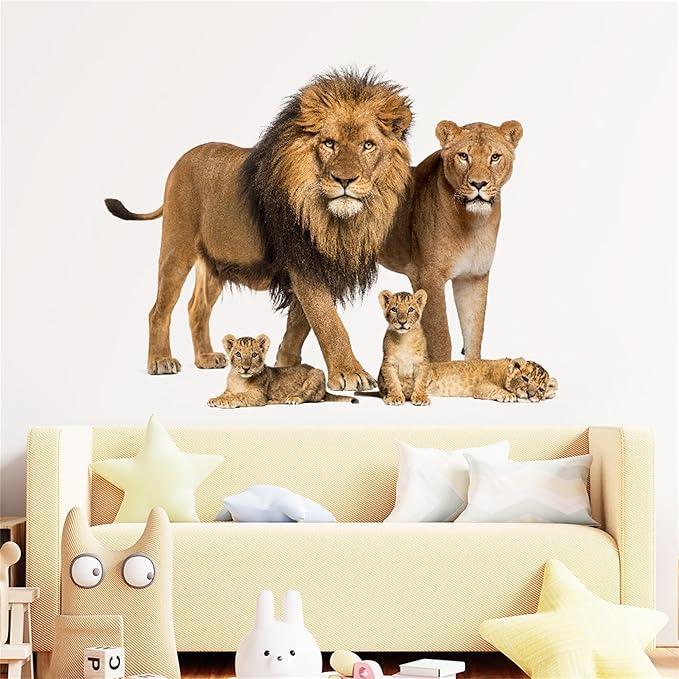 Lion Wall Decals, Vinyl Removable 3D Stickers for Bedroom Nursery Decor - Peel and Stick Cute Baby Girl Boy Toddler Kids Room Art Decoration, Woodland Forest Safari Jungle Mural Waterproof