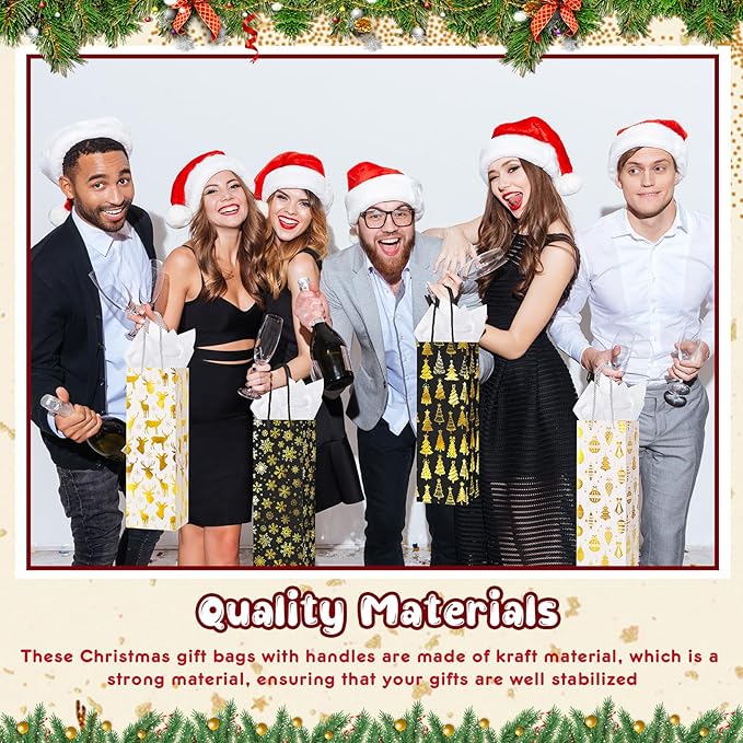 Harloon 32 Pack Christmas Wine Gift Bags Bulk Holiday Wine Bottle Bags with Handles Tissue Paper Metallic Foil Champagne Gift Bags with 4 Designs for Winter Wine Gift Banquet Birthday (Black, Gold)