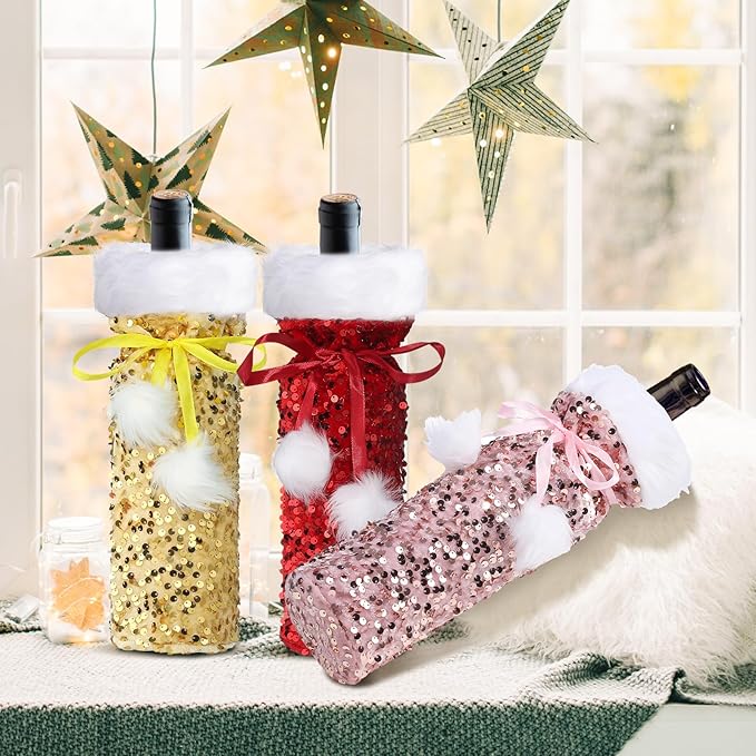 VIDELLY 3 Pack Christmas Wine Bottle Covers, Glitter Wine Bear Bottle Bag for Christmas Birthday Wedding Party Bottle Decoration