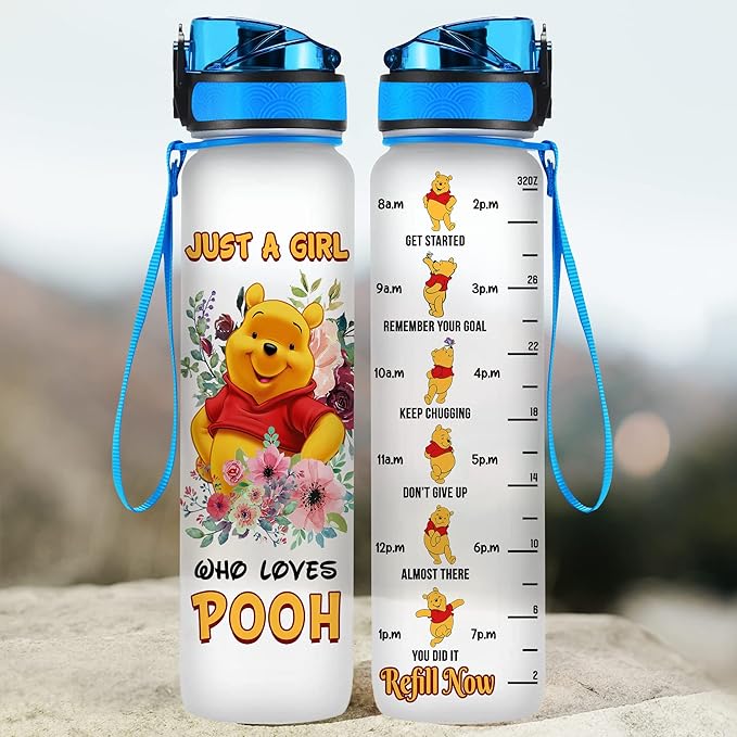 Winnie Pooh 32 Oz Water Track Bottle, Just A Girl Water Bottle With Time Marker, Pooh Bear Motivational Insulated Water Bottle, Gifts For Family Friend