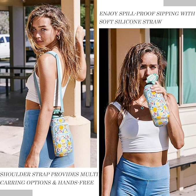 Fimibuke 32 oz Water Bottle with Sleeve - BPA Free Leakproof Sport Large 1L Plastic Motivational Water Bottle with Straw Strap & Insulated Neoprene Holder Carrier Bag Great Xmas Gift for Women Men