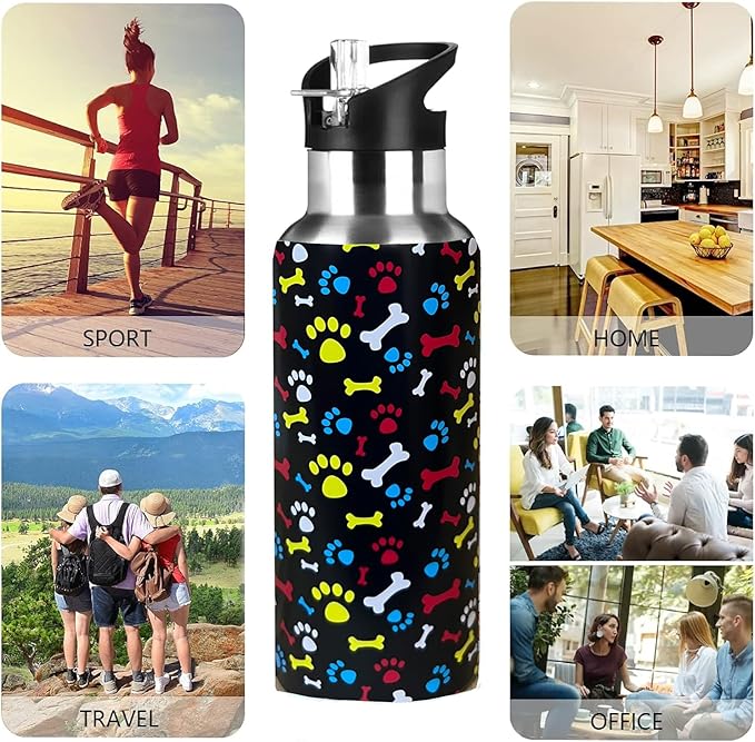 Cute Dog Paw Animal Sport Water Bottle with Straw, Vacuum Insulated Stainless Steel Thermal Drinking Travel Mug Cups For Gym Fitness Camping-17oz/500ml, Red