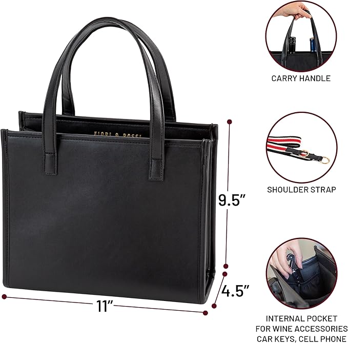 FIORI & ROSSI PU Leather Wine Bottle Carrier Bag - Insulated Wine Bag to Store & Carry up to 3 Bottles for Travel, Picnics & Parties - Wine Tote Bag Buckle & Zipper Closure Sleeve Dividers - Black