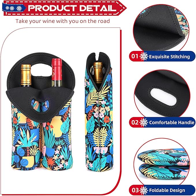 Desing Wish 2-Bottle Set Wine Carrier Tote Bag for 750ml Red/White Wine Bottles, Insulated Neoprene Wine Cooler Bag Wine Gift Bags for Gift/Picnic/Party/Beach/Christmas - Rainforest