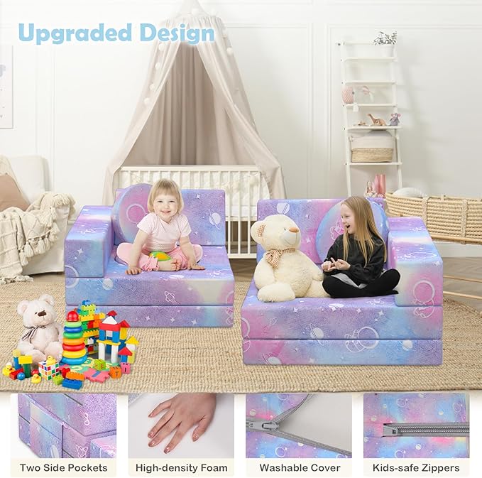 Kids Couch, 12PCS Modular Kids Play Couch with Blanket, Kids Sofa Couch with Glow Effects for Playroom & Indoor, Convertible Toddler Couch for Girls and Boys