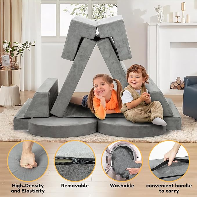 MMBABY 10 pcs Modular Kids Play Couch, Child Sectional Sofa, Fortplay Bedroom and Playroom Furniture for Toddlers, Convertible Foam and Floor Cushion for Boys and Girls