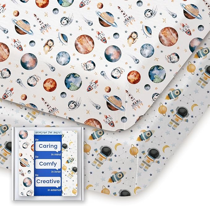 Graco Pack and Play Sheets Fitted, TotBasic Ultra Soft Mini Crib Sheets Boy, Neutral Pack N Play Mattress Sheets Hypoallergenic and Soothing, Premium Jersey Playrad Sheets, 2 Pack(Space Explorer)