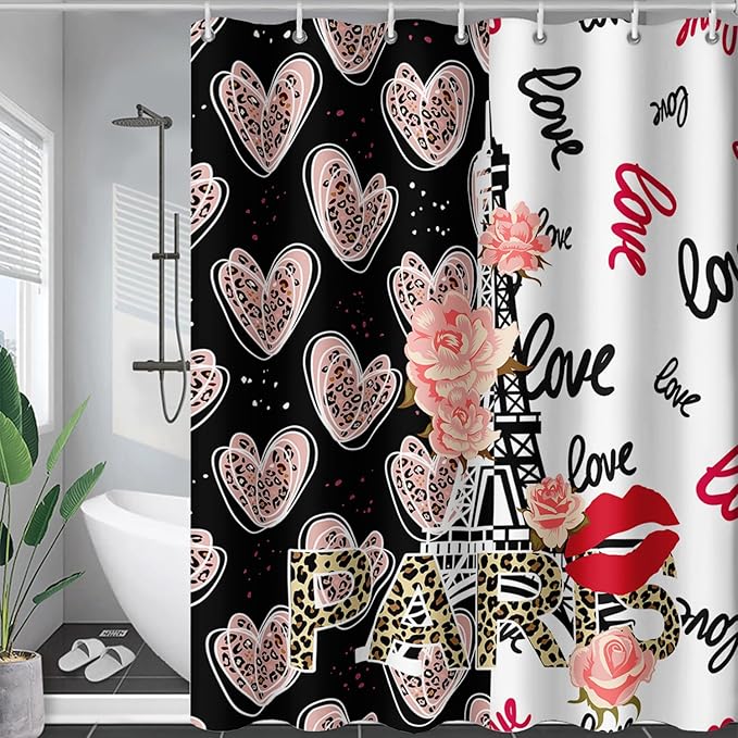AILONEN Heart Love Shower Curtain for Bathroom, Black and White Eiffel Tower Print Bath Curtain,Pink Hearts Girls Women Shower Curtain Decoration Waterproof with 12 Plastic Hooks, 72" W*72" H