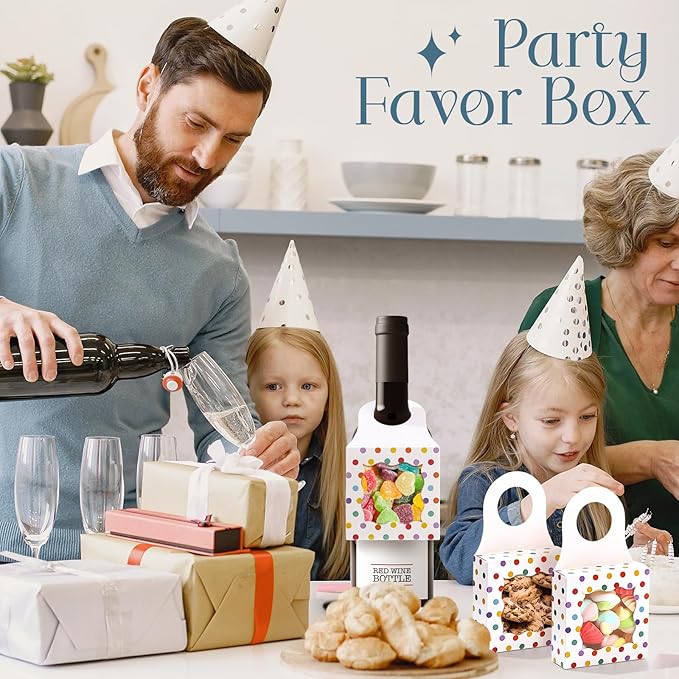 ISKYBOB 20PCS Wine Bottle Box with Window, Kraft Paper Wine Boxes for Gifts Hanging Treat Box Mini Charcuterie Candy Boxes Wine Champagne Bottles Gift Box Goodie Bags for Birthday Party, Colorful Dots