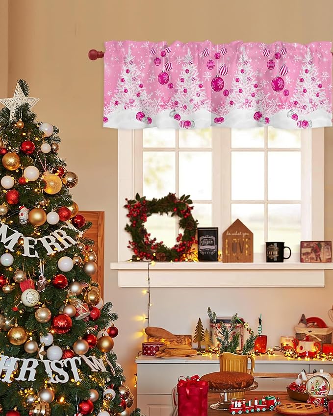Pink Christmas Valance Curtains for Kitchen Windows White Xmas Tree Snowflakes Pink Balls Rod Pocket Window Treatment Toppers for Kitchen/Living Room/Bedroom/Bathroom, 42" X 18", Winter