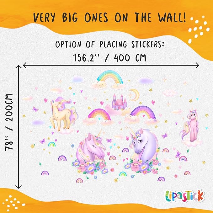 Unicorn Wall Decals Pack of 4 Sheets 135 pcs by Lipastick - Rainbow Wall Stickers – Princess Castle with Hearts Clouds Stars Wall Decals Decor for Girls Kids Bedroom Birthday Party Size XXL