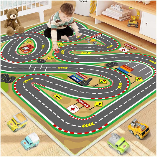 Kids Rug Play mat Playroom Rugs Car Rugs for Kids Toy Cars Race Track for Classroom Rug (Race-Brown, 5.2x7.9ft)