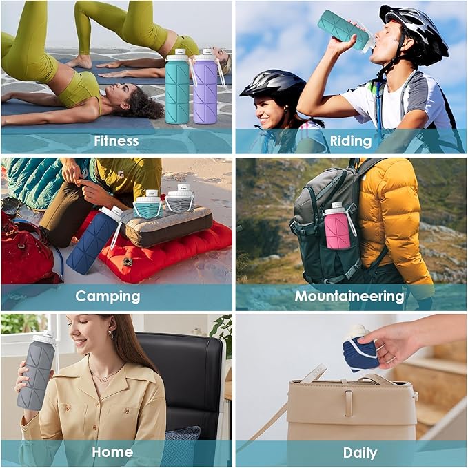 Collapsible Water Bottle 2pcs Foldable Silicone Travel Water Bottle Leakproof Flexible BPA Free Portable,Folding Water Bottle Lightweight for Camping, Hiking,Sports Travel Bottles 23oz