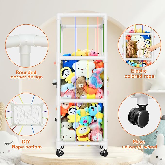 Stuffed Animal Storage with Hanging Chain, 2 in 1 Movable Stuffed Animal Zoo, Large Capacity Stuff Animal Toy Storage Organizer Holder for Nursery Playroom Bedroom Kid Room (White)