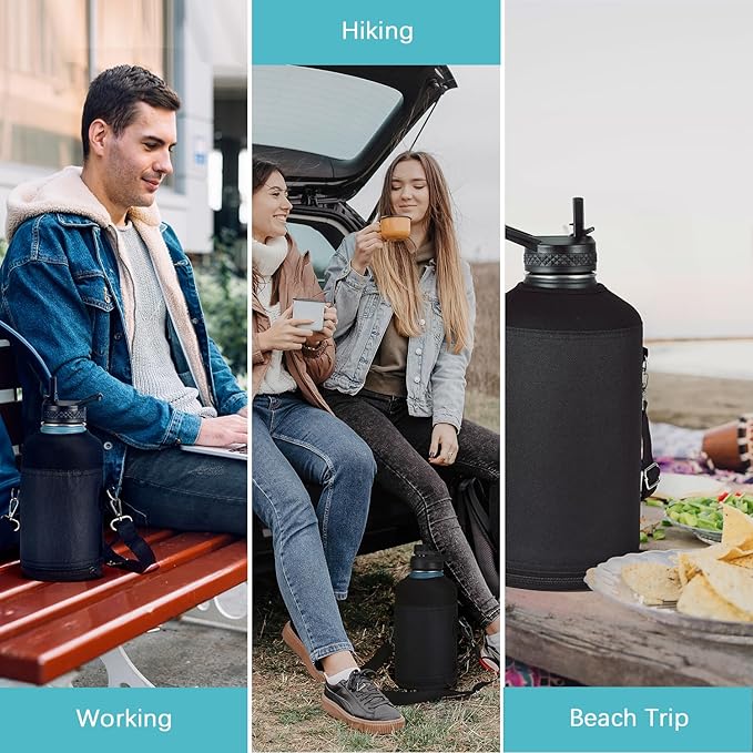 Water Bottle Holder Carrier Bag Crossbody with Adjustable Shoulder Strap, 64 128 oz Sports Water Bottle Sleeve Accessories for Biking Hiking Travelling Camping, Black