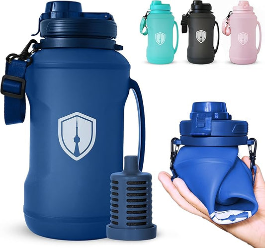 Collapsible Water Bottle for Traveling, Workout or Hiking 64oz Gen 2.0 - Motivational Water Bottle with Time Markings - Half Gallon / 2 L Capacity - BPA Free & Dishwasher Safe (Deep Blue + Filter)