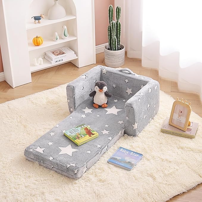 Tiita Kids Chair Comfy, Toddler Plush Sofa Bed Fold Out, 2-in-1 Kids Couch Chairs Flip Out, Convertible Children Couch Lounger, Baby Armrest Chair Bed for Girl or Boy, Grey Star