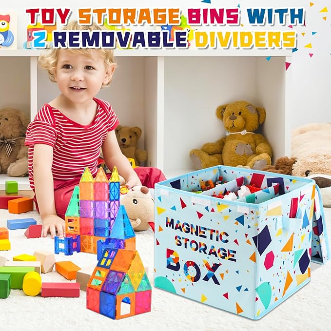 Magnetic Tiles Toy Organizer Box, Magnetic Tiles Toy Carry Case with Dividers, Playroom Organizer Travel Storage Organizer Bin, Magnetic holder Foldable Storage Cubes Bins and Lid