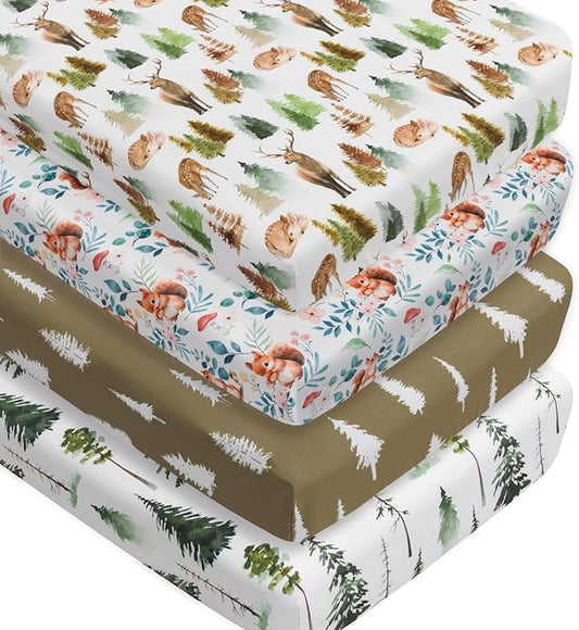 4 Pack Woodland Forest Animals Wood Neutral Unisex Fitted Baby Crib Sheets Set for Baby Boys or Girls (Cartoon Fox, 52 * 28)