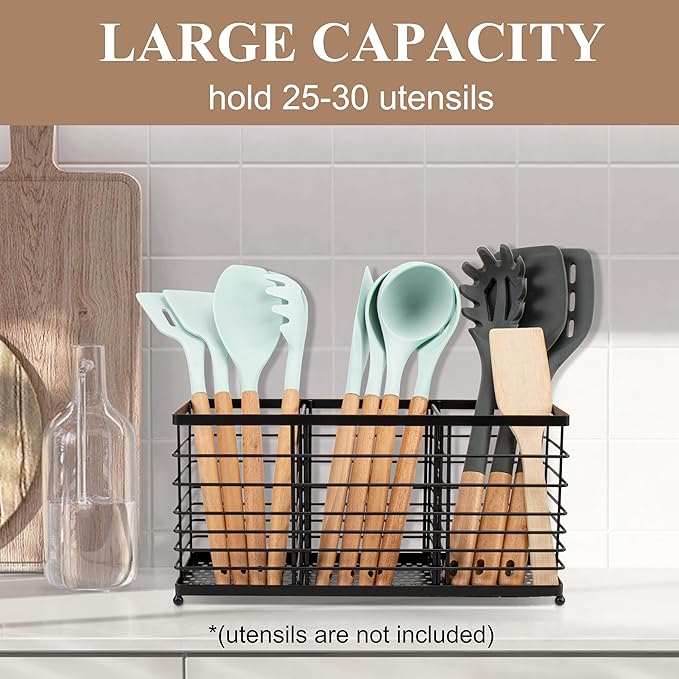 RedCall 3 Compartments Utensil Holder,Extra Large Cooking Utensil Organizer for Countertop,Black Metal Spoon Spatula Holder,Kitchen Tools Storage Holder,Kitchen Decor