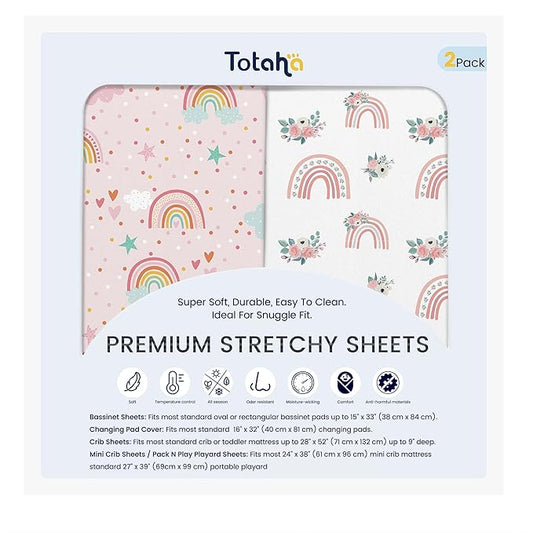 TotAha Premium Soft Bassinet Sheet for Boy Girl, Super Stretchy Jersey Knit Bassinet Fitted Sheet, Compatible with Halo, Maxi COSI, Mika Micky, SNOO, and Other Bassinet, 2 Pack (Rainbow)