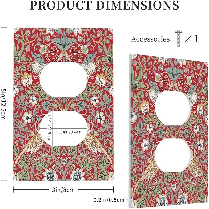 William Morris Strawberry Thief Botanical Red Green Single Duplex Wall Plate Covers Light Switch Cover 1 Gang Outlet Plate Decorative Switchplate Covers Electrical Faceplate for Country Bedroom Decor