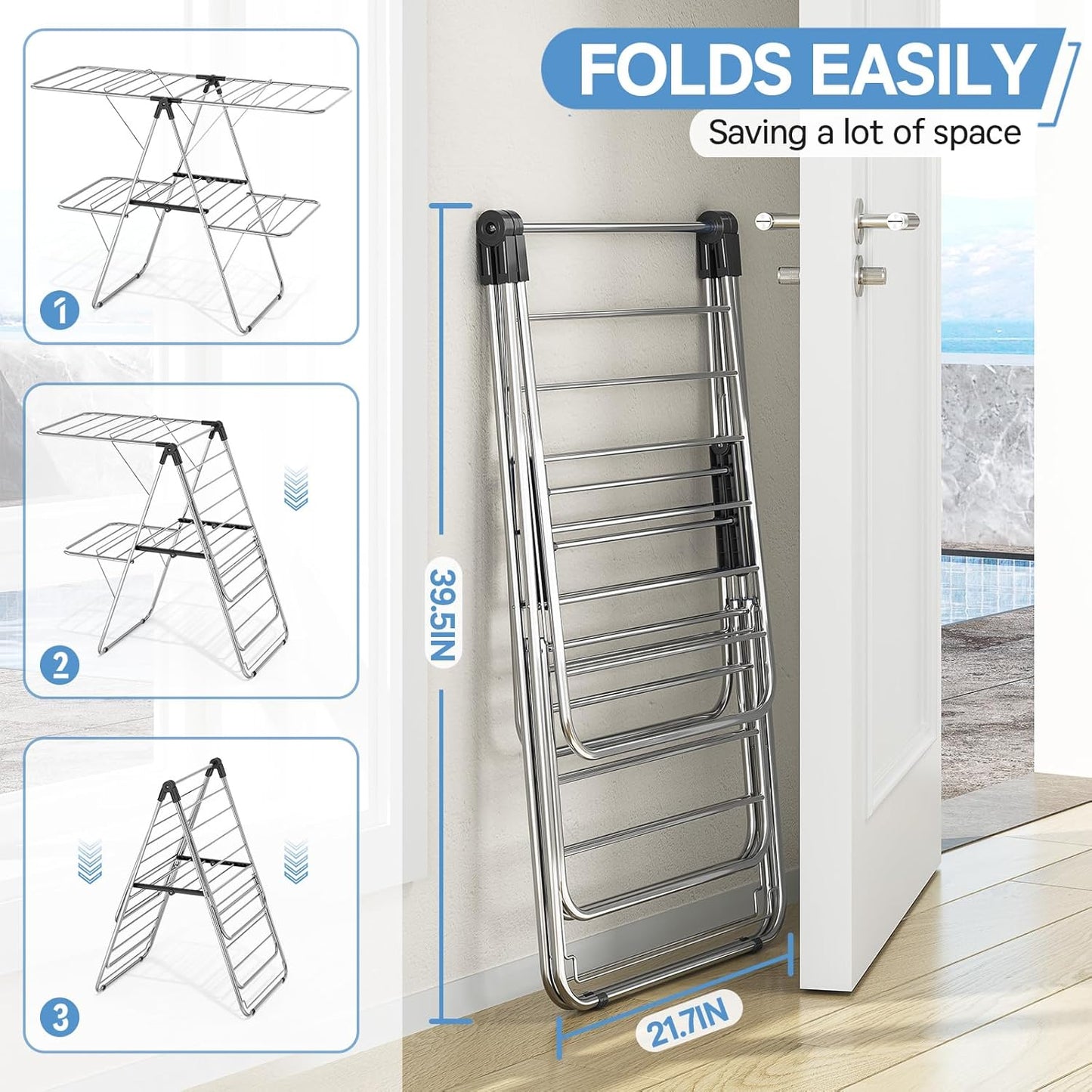 APEXCHASER Clothes Drying Rack with 4 Wings, Drying Rack Clothing with Height-Adjustable, Foldable Gullwings Laundry Drying Rack, Indoor Outdoor Use, No Assembly, Black