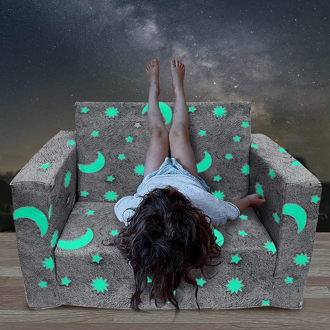 Glow in The Dark Chairs Children's Extra Wide Convertible Sofa to Lounger - Extra Soft 2 Seats 2 in 1 Flip Open Sleeper Couch for Toddler Kids Girls Boys