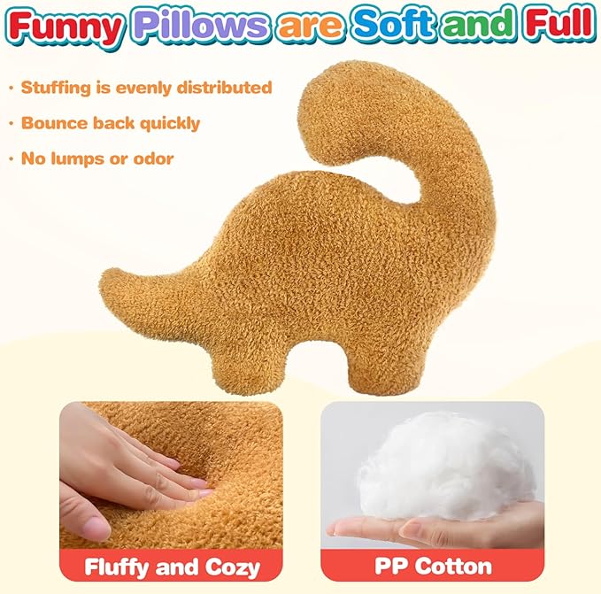 Dino Nuggets Pillow, Dinosaur Chicken Nuggets Plush Funny Gifts for Teen Boys Girls, Fun Throw Pillows Cute Room Decor for Teens Dinosaur Gifts (Small, Brontosaurus Style 2)