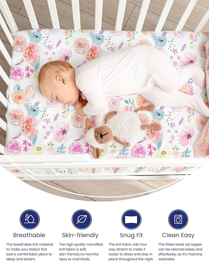 TotAha Premium Stretchy Crib Sheets (2-Pack)-Hypoallergenic, Silky Comfort, Buttery Soft, Calming Effect, All-Season Jersey-Knit Sheets, 9'' Extra Deep Pocket (Colorful Flora & Blue Flowers)
