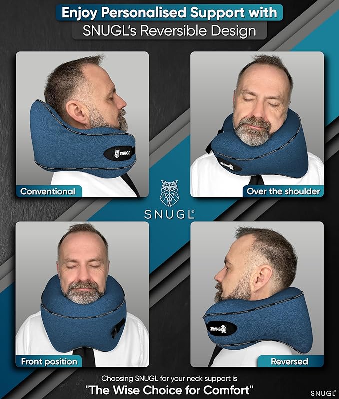 SNUGL Neck Travel Pillow - Memory Foam Airplane Pillow - Flight Pillow | Neck Support Travel Pillow with Carry Bag & Clip | Neck Pillows for Sleeping Travel Plane | Flying Travel Essentials - Blue
